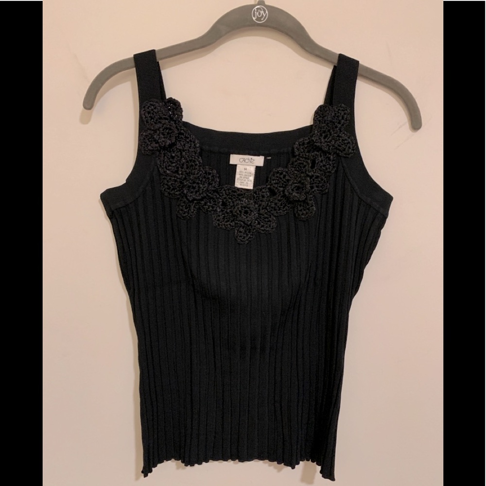 Cache Black Ribbed Tank Top w/ Crochet Flowers